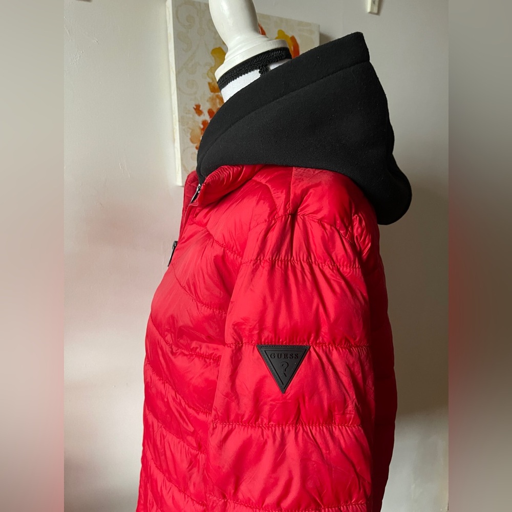 Guess Men Red Full-zip Hooded Puffer Jacket‎ Lightweight with pockets